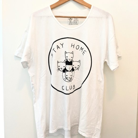 Stay Home Club boxy oversize white crest cotton t-shirt cat kitty L XL XXL - Picture 1 of 2